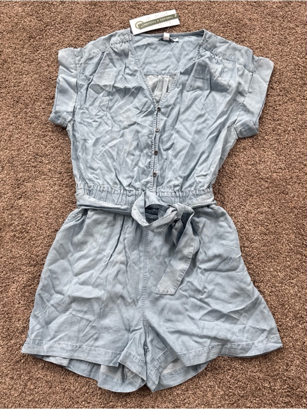 Threads 4 Thought Women’s Large nwt Button Down Denim Romper with Tie Waist